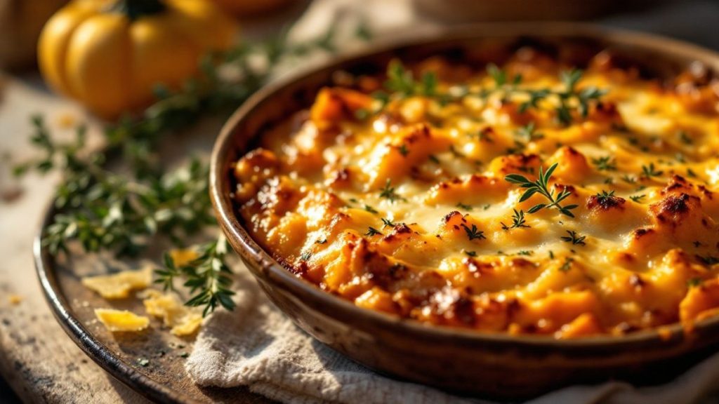 savourez un gratin de courge butternut au comté vieilli, un plat convivial et réconfortant, idéal pour régaler toute la famille avec ses saveurs douces et son fromage fondant.