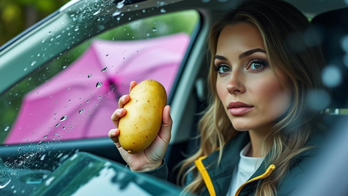 découvrez l’astuce insolite de cette femme : elle frotte une pomme de terre crue sur les vitres de sa voiture et le résultat sous la pluie va vous surprendre. une méthode naturelle, facile et efficace pour améliorer la visibilité sous la pluie !